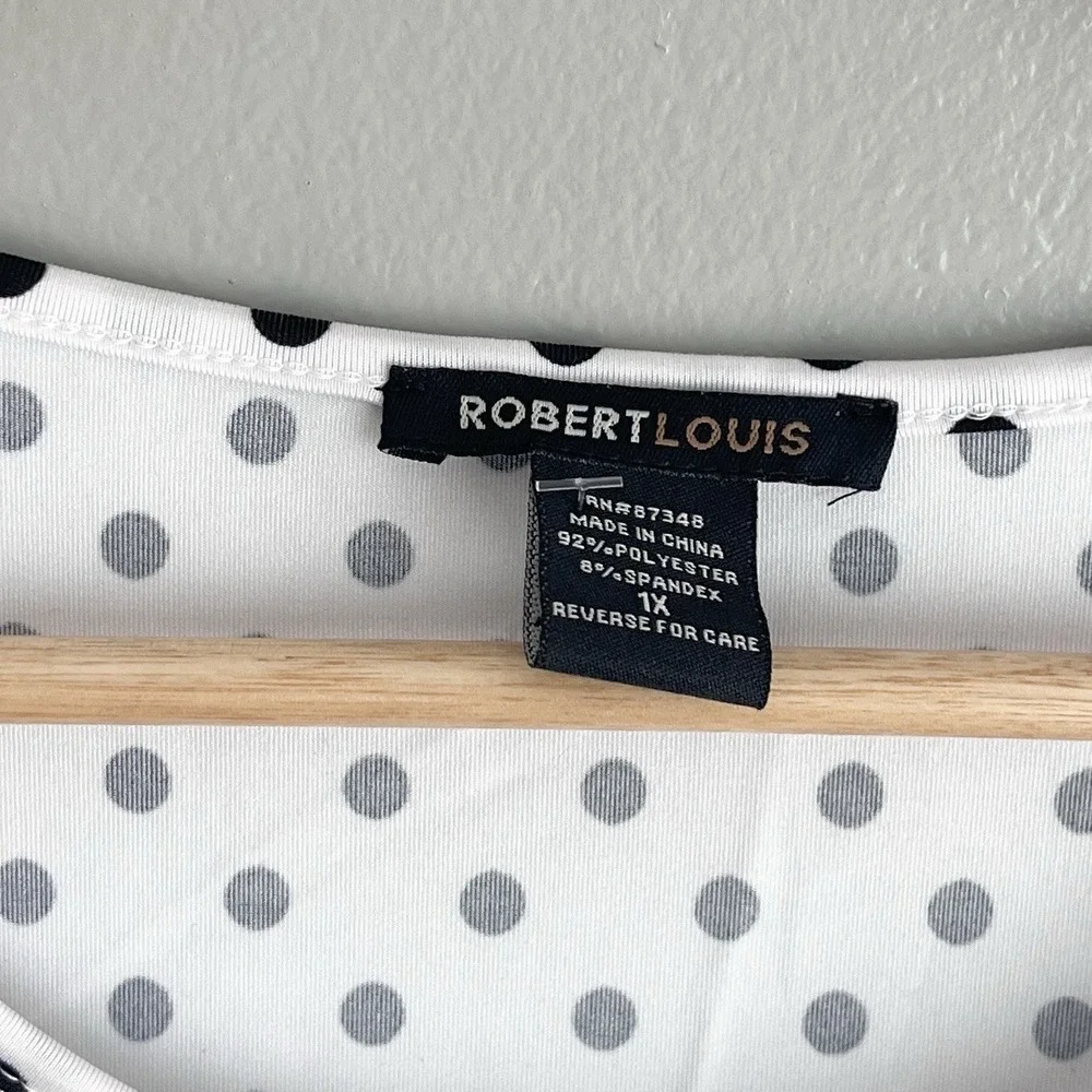 Robert Louis Polka Dot Blouse Top Flutter Sleeves Side Ties White Black 1X NWT